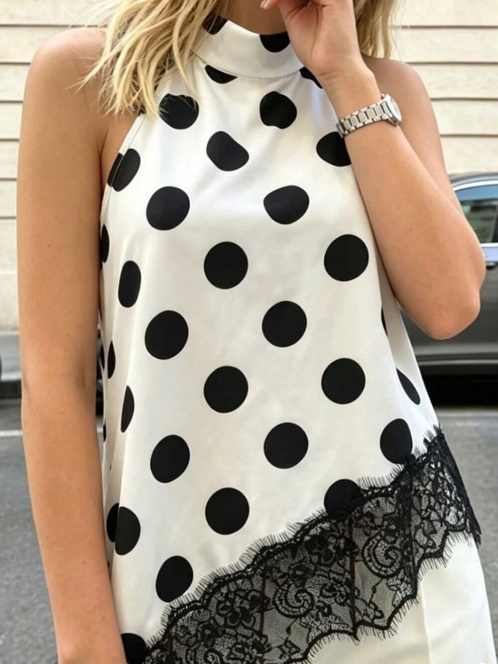 Black And White Elegant Women's French Polka Dot Halter Neck Top